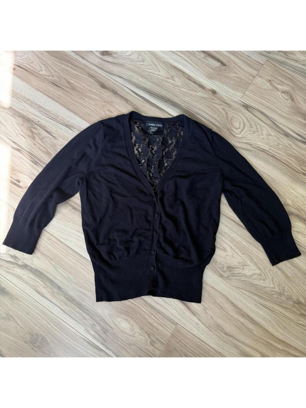 Sweater Project Black Lace Back Cardigan Button Front 3/4 Sleeve Whimsigoth L
